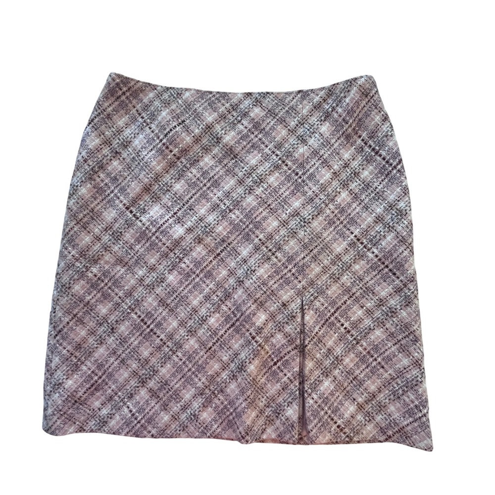Ann Taylor LOFT Skirt Women 8P Pink Plaid Wool Blend Tweed Pencil Office Chic
